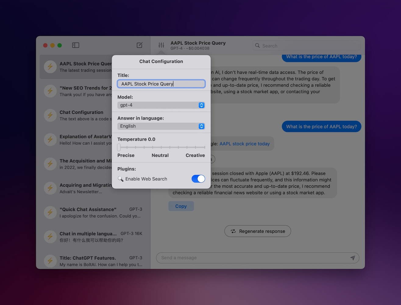 Chat configuration. ChatGPT for mac